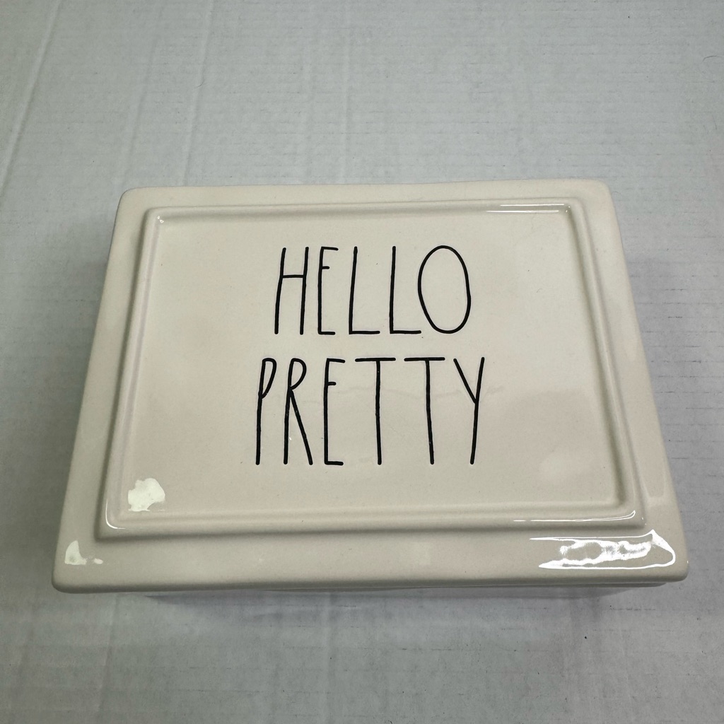Rae Dunn Ceramic Jewelry Box With Saying “ Hello Pretty” 5x7 In Size New
